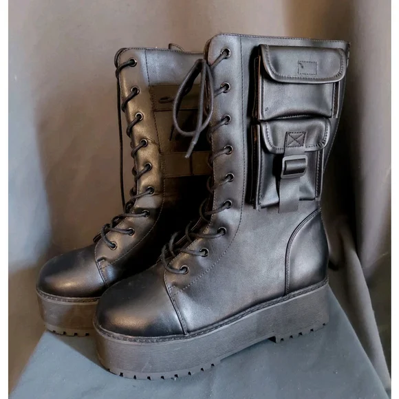 Women Combat Festival Rave Mid-Calf Boots Chunky Platform Heel Lace Up Size 10 M - Picture 1 of 8